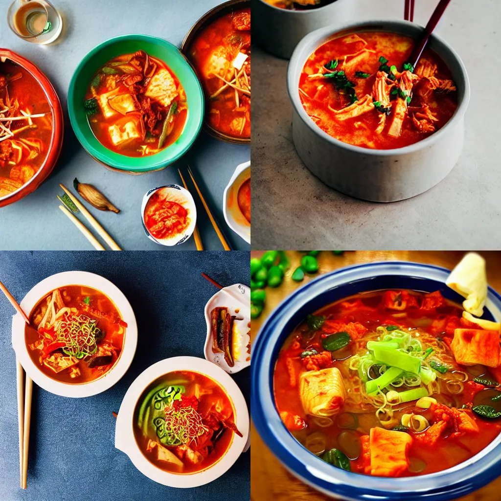 Prompt: mouthwatering kimchi jjigae, food photography