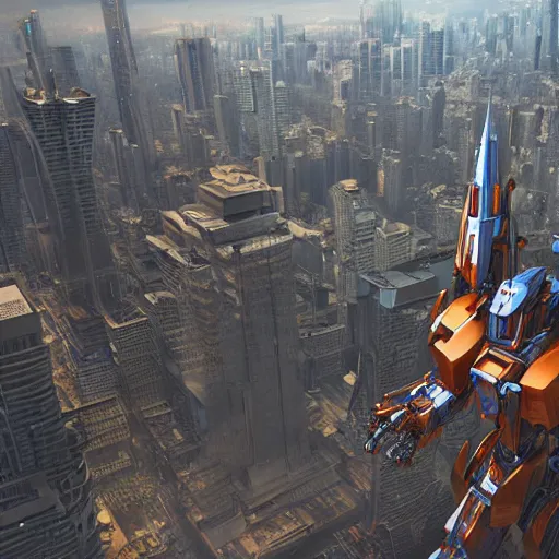 Prompt: a beautiful hyperrealistic ultradetailed 3D render of a gigantic mecha standing above the city, by brian sum and stephen martiniere and Antonio Manzanedo, octane render, PBR, 3D, brilliantly colored, intricate, wide angle, volumetric lighting, polished, path tracing