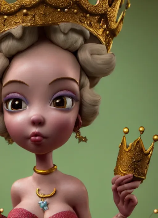 Image similar to highly detailed closeup, face profile portrait of a tin toy fairytale princess wearing a crown eating cakes, bikini, unreal engine, by nicoletta ceccoli, mark ryden, lostfish, dan decarlo, bob clampett, max fleischer, global illumination, detailed and intricate environment
