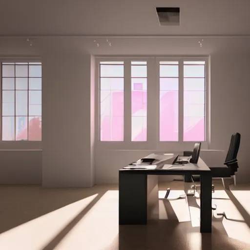 Image similar to a white empty pink office with sun rays looming down, with a pool inside, dynamic lighting, photorealistic concept art, trending on art station, stunning visuals, creative, cinematic, ultra detailed, ray tracing