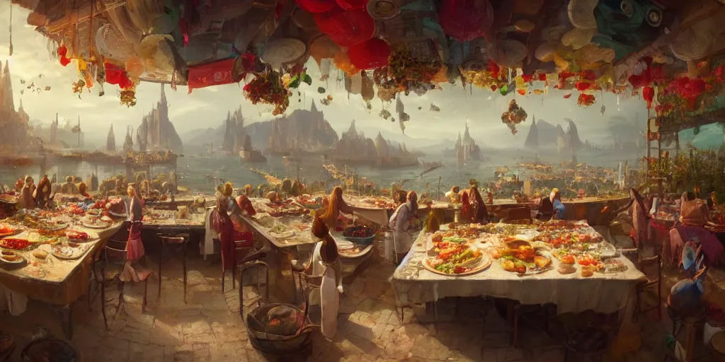 Prompt: matte painting of a fisheye view of a gigantic table with a banquet of delicious food of many colors and flavors, by greg rutkowski, trending on artstation, high quality, global light, tilt shift