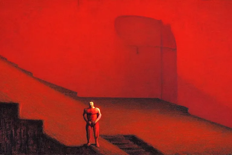 Image similar to only with red, a red melted emperor, taormina amphitheatre, crowd hails him, in the style of beksinski, parts by edward hopper, parts by rodcenko, parts by yue minjun, intricate and epic composition, red by caravaggio, insanely quality, highly detailed, masterpiece, red light, artstation, 4 k