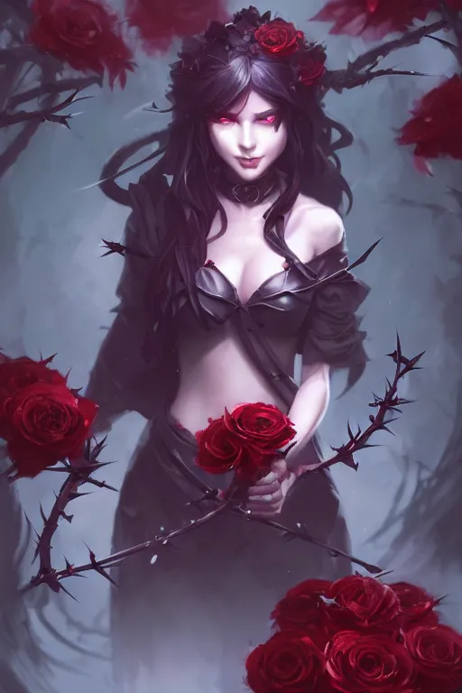 Prompt: fantasy female dark witch surrounded by roses and thorns, fullbody view, wide angle view, highly detailed, qichao wang, artgerm, cushart krenz, zeronis, trending on artstation, soft light, sharp edges, illustration, character design, concept art