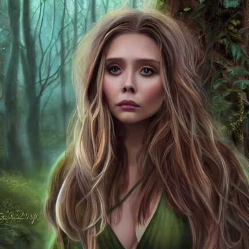 Prompt: Elizabeth Olsen, fantasy, nymph, clothed, forest, digital art