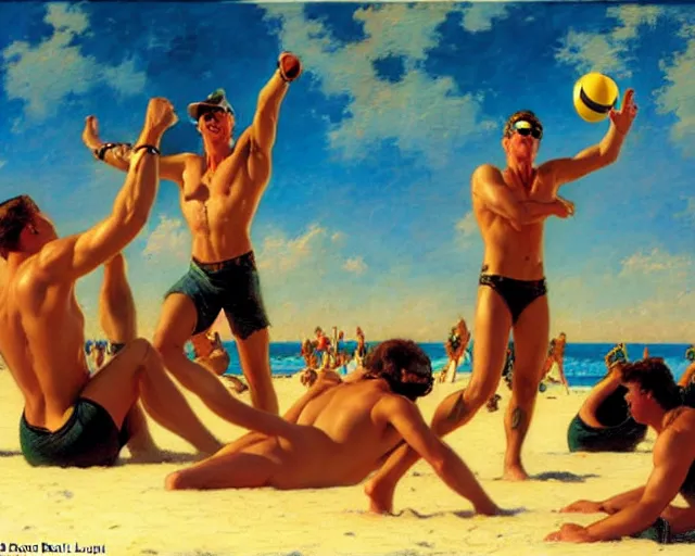 Prompt: top gun beach volleyball scene, cool colors, painting by gaston bussiere, craig mullins, j. c. leyendecker, tom of finland