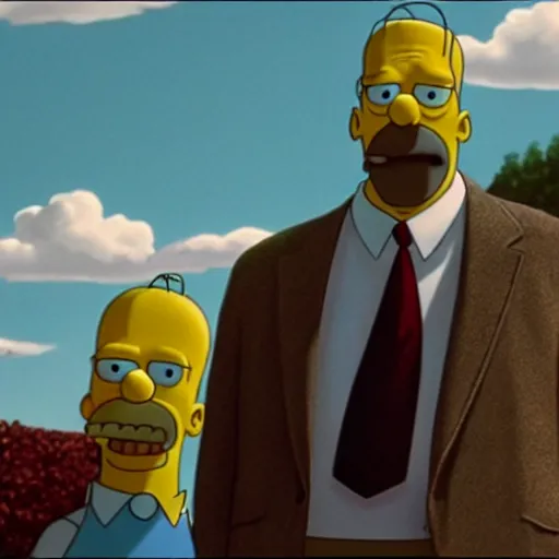 Image similar to a still from a film, Homer Simpson played by Nicolas Cage