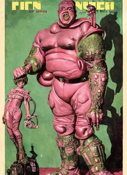 Image similar to 5 0 s pulp scifi fantasy illustration full body portrait martyn ford as huge monstrous armoured giant, pink and green, by norman rockwell, roberto ferri, daniel gerhartz, edd cartier, jack kirby, howard v brown, ruan jia, tom lovell, frank r paul, jacob collins, dean cornwell, astounding stories, amazing, fantasy, other worlds