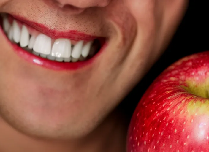 Image similar to photo still of an apple with human teeth, 8 k, studio lighting bright ambient lighting key light, 8 5 mm f 1. 8