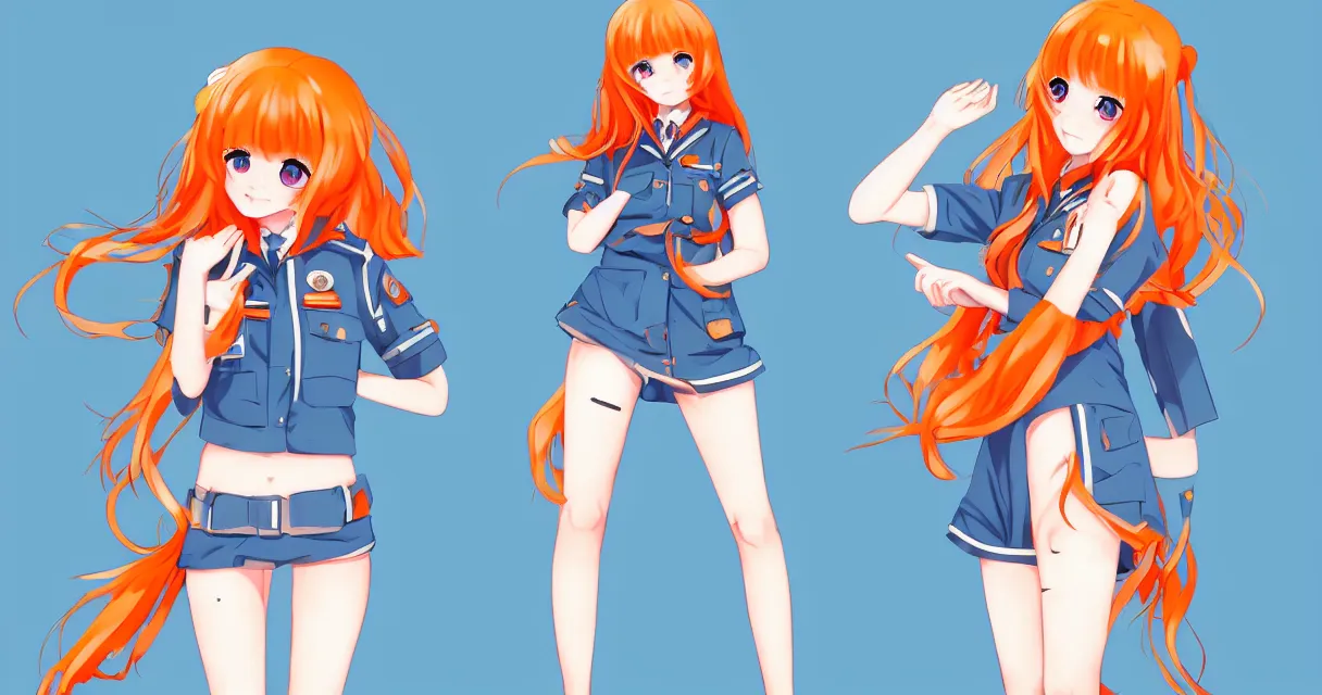 Image similar to very beautiful young anime girl with orange hair, dressed in soviet pioneer uniform, full body, long wavy blonde hair, sky blue eyes, full round face, bikini, miniskirt, front view, middle, highly detailed, colored manga drawing by wlop popular on artstation
