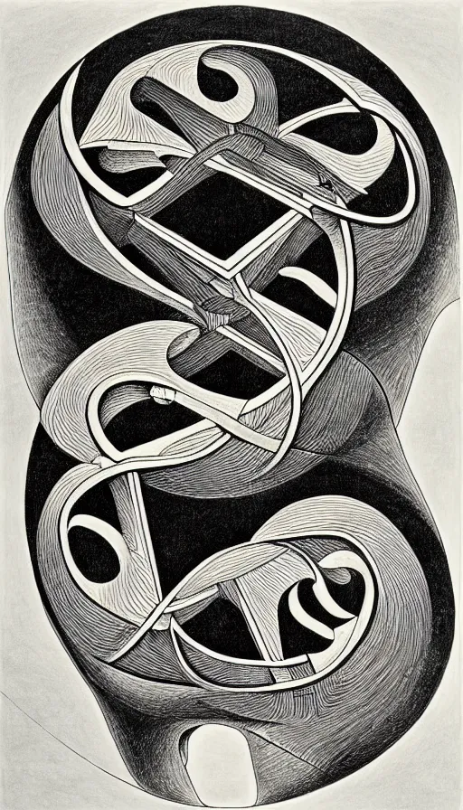 Image similar to M. C. Escher's mind drawn by M. C. Escher, gold paint, ink