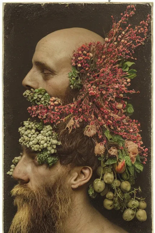 Image similar to A man's face, long beard, made of flowers and fruit, in the style of the Dutch masters and Gregory crewdson, dark and moody