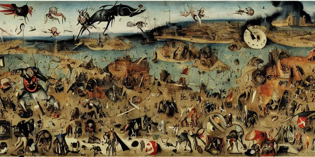Prompt: The final battle between the Avengers and the Chitauri in New York by Hieronymus Bosch