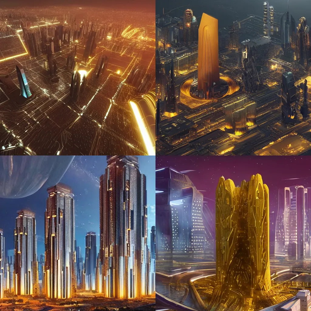 Prompt: a futuristic sci-fi city made of giant glowing golden monoliths