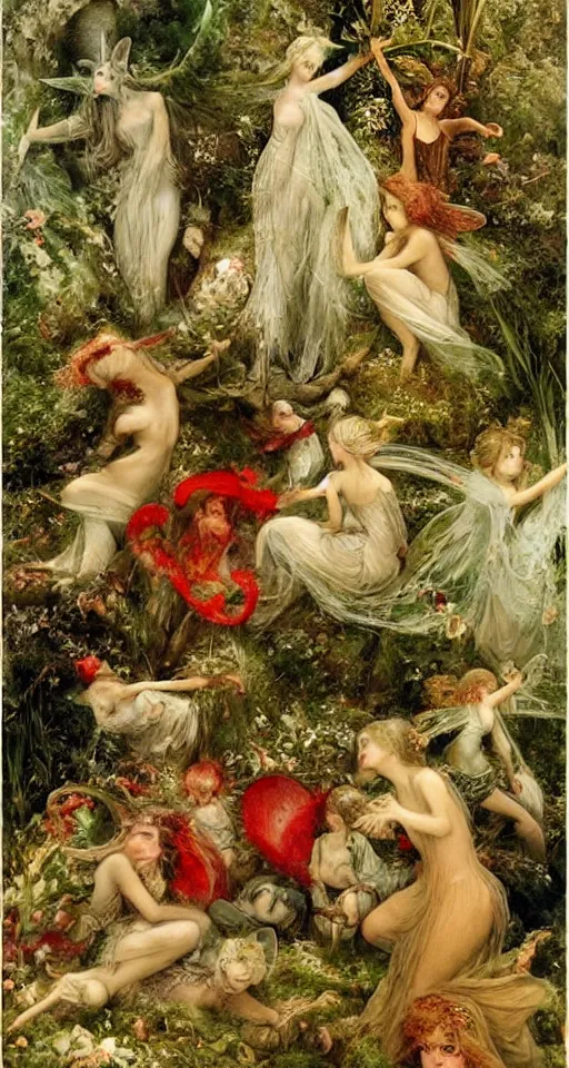 Prompt: a small gathering of fairies wearing beautiful clothing in a dewy mushroom, art by J. A. Fitzgerald, Richard Dadd, Henry Fuseli, beautiful chararacter art, highly detailed, ethereal, beautiful