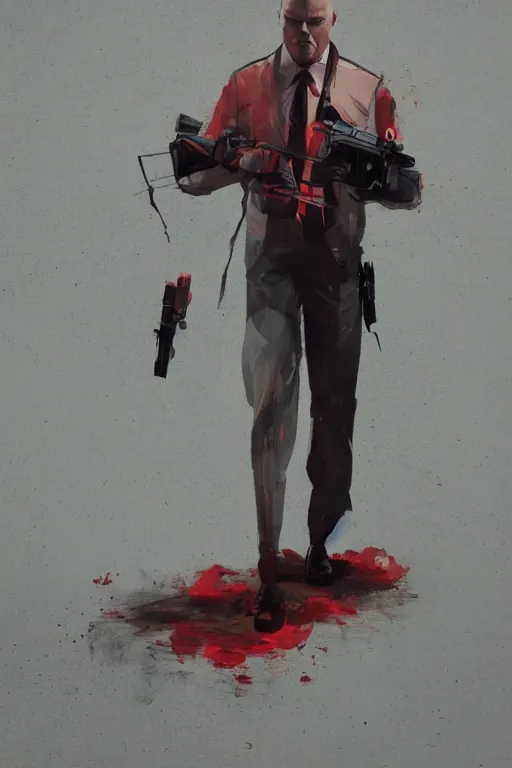 Image similar to an expressive full body portrait of agent 4 7 from hitman in a hallway full of guns, dark background, red rim light, digital art, artstation, concept art by giger stalenhag