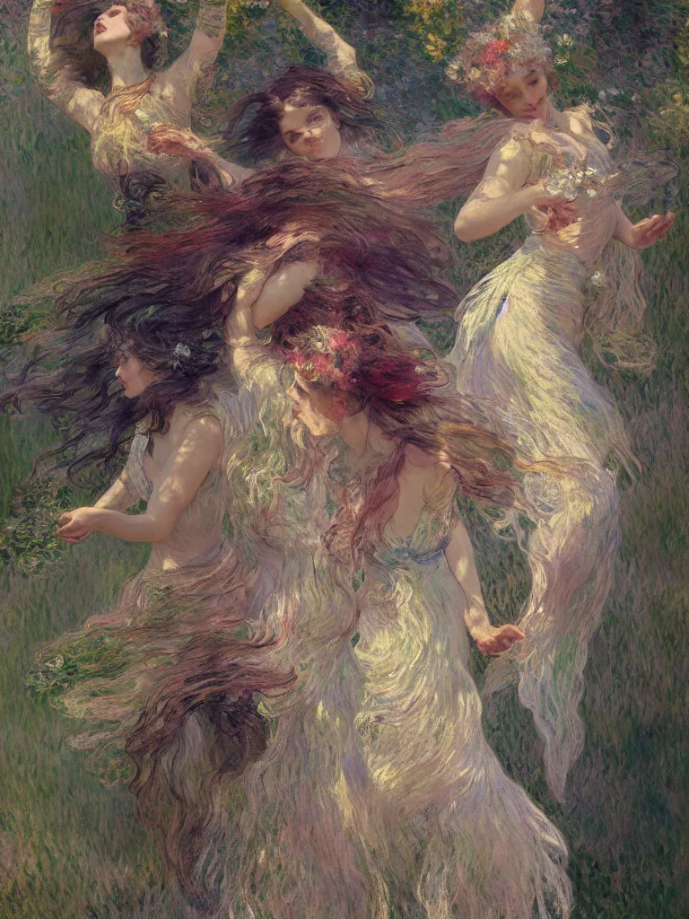 Image similar to illustration studio portrait of three beautiful seraphim female energy in artistic poses dancing in nature, monet painterly motives and textures pattern, hyper detailed, octane render, vivid colors, artstation, by jeremy mann, by alphonse mucha, by monet