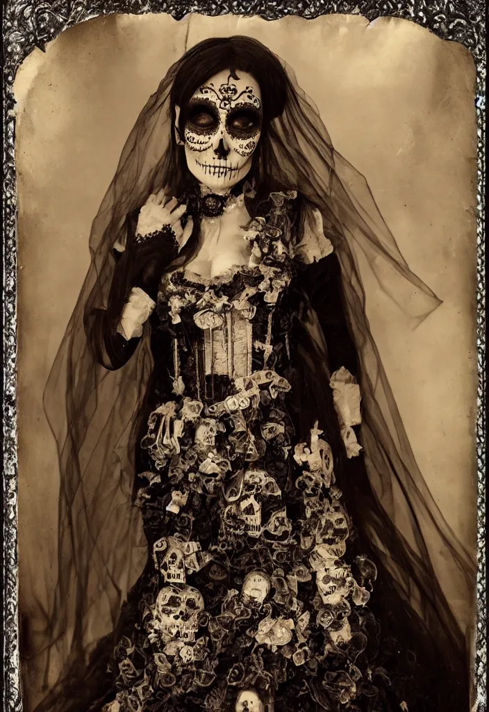 Image similar to tintype full body view, woman religous veil, dia de muertos dress and make up, corset garters and stockings, horrific beautiful vibe, evocative, atmospheric lighting, painted, intricate, highly detailed,