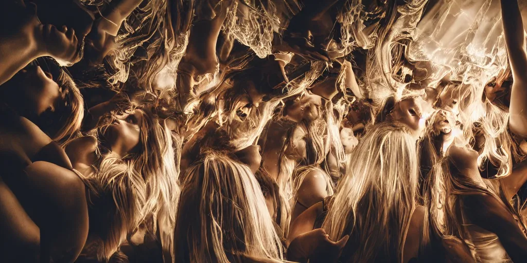 Prompt: love, groups of translucent people with long glowing hair, from below, rebirth, wide angle, cinematic atmosphere, elaborate, highly detailed, dramatic lighting