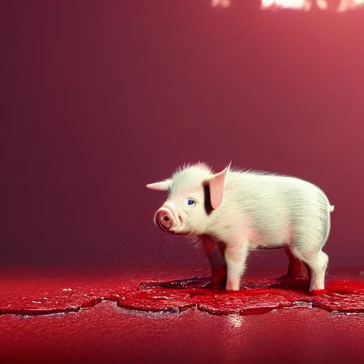 Image similar to digital art of a baby pig wearing red rainboots in a puddle, 8 k render, octane render, saturated