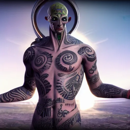 Image similar to a beautiful male alien god covered in tattoos, cinematic realistic, unreal engine 5