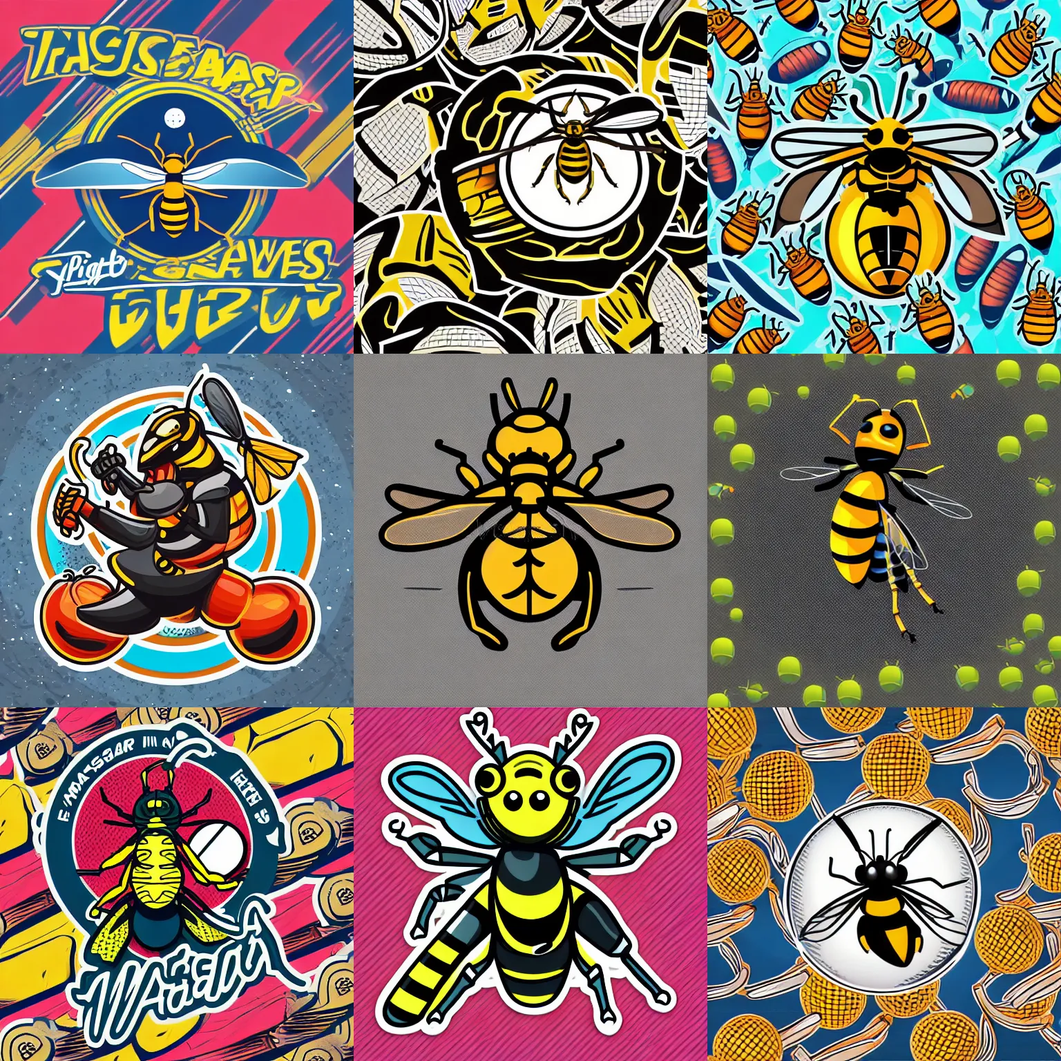 Prompt: “ aggressive wasp stinging a cricket ball, full body mascot, sticker, highly detailed, colorful, illustration, smooth and clean vector curves, no jagged lines, low noise, vector art, logo ”