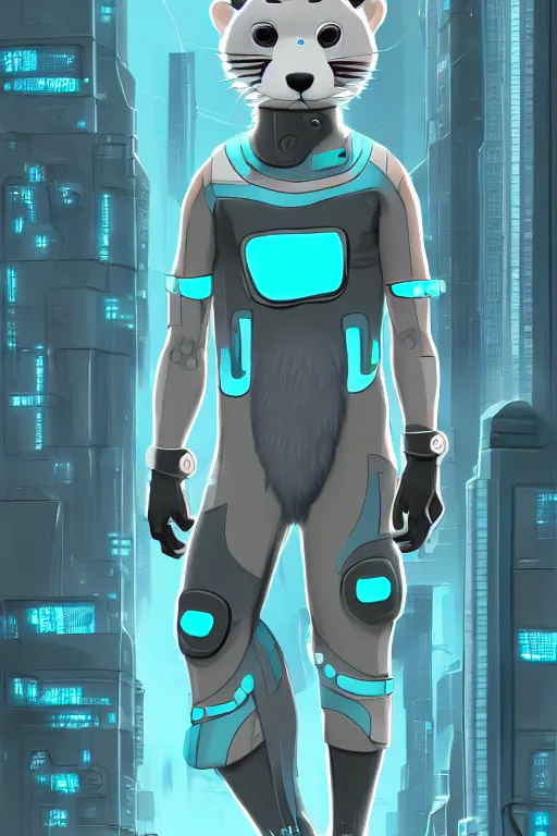 Prompt: a cute male gray turquoise white orange otter fursona wearing tight futuristic clothes in the streets of cyberpunk city, fantasy, paws, 8 k resolution, hyper detailed, character design