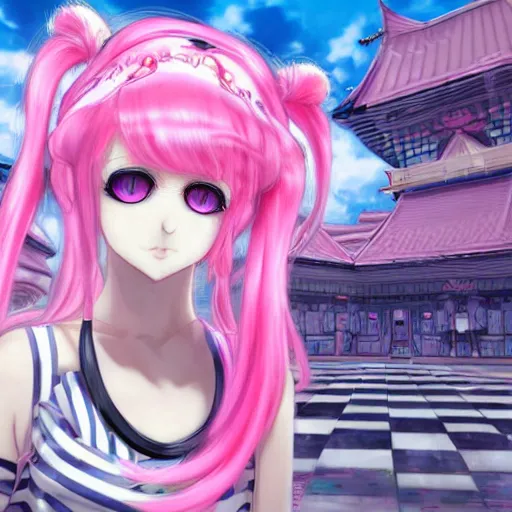 Image similar to trapped by stunningly beautilful omnipotent megalomaniacal anime asi goddess who looks like junko enoshima with symmetrical perfect face and porcelain skin, pink twintail hair and cyan eyes, taking control while smiling inside her surreal vr castle, hyperdetailed, digital art from danganronpa, 2 d anime style, 8 k