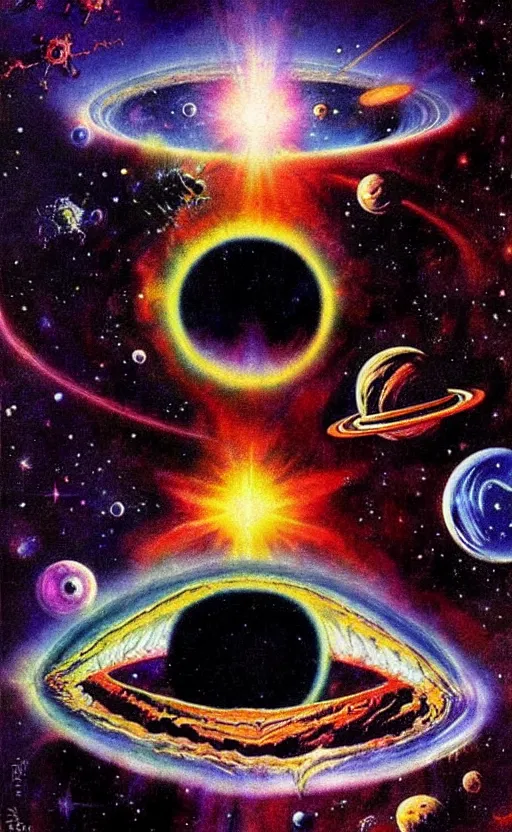 Image similar to trippy psychedelic cosmic eyes in outer space illustration by frank frazetta