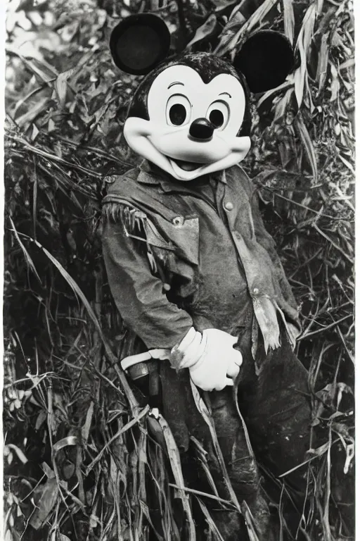 Image similar to a 1 9 0 5 colonial closeup portrait photograph of mickey mouse in a village at the river bank of congo, thick jungle, portrait shot