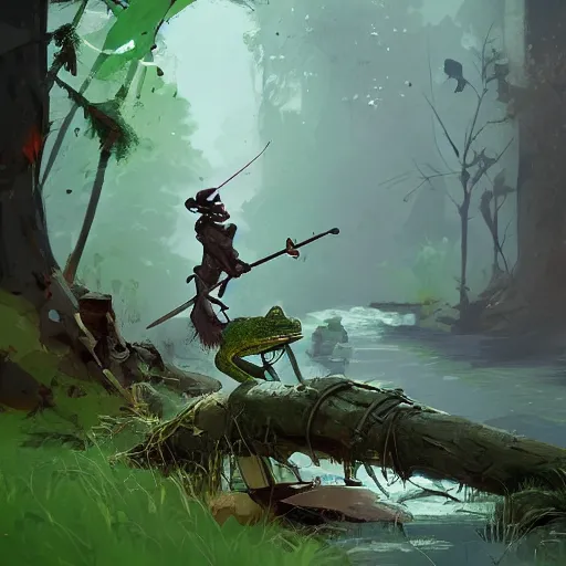 Image similar to concept art of a frog warrior battling a squirrel warrior near a stream, by ismail inceoglu,