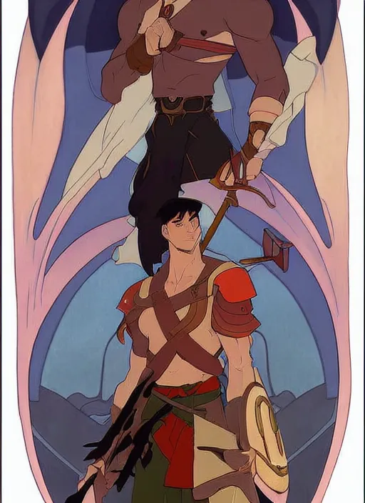 Prompt: official digital painting artwork of a male warrior character by don bluth, ross tran and studio ghibli + alphonse mucha.