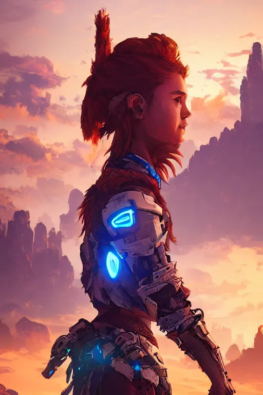 Image similar to combination suit armor aloy horizon forbidden west horizon zero dawn radiating a glowing aura global illumination ray tracing hdr fanart arstation by ian pesty and alena aenami artworks in 4 k tribal robot ninja mask helmet backpack