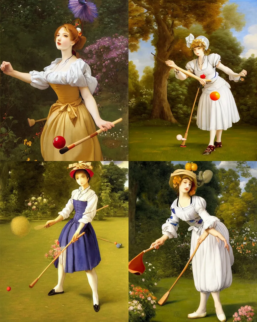 Prompt: oil painting of elegantly dressed touhou character playing croquet in the garden, beautiful symmetrical face and body, rule of thirds, golden ratio, oil on canvas, highly detailed, warm color scheme art rendition, soft lighting, sharp focus, unique art rendition by adelaide labille - guiard, artemisia gentileschi