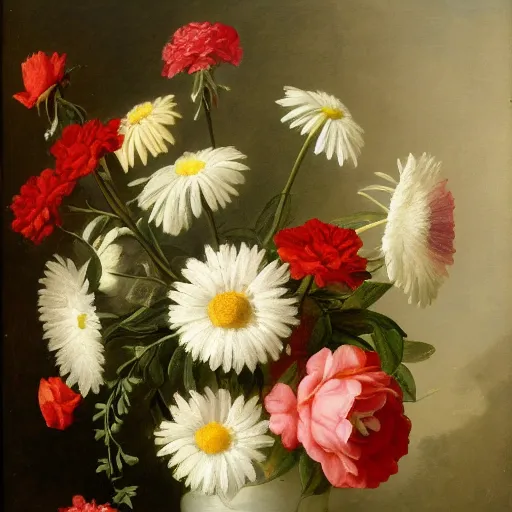 Image similar to a still life of a vase of flowers with a mix of roses daisies and lilies.