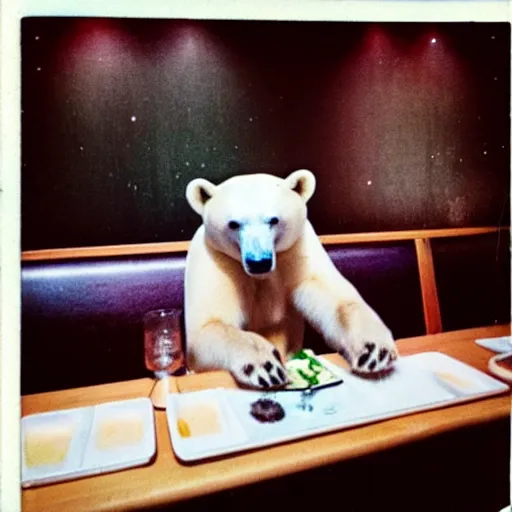 Prompt: a polar bear eating at a sushi restaurant, polaroid, flash photograph