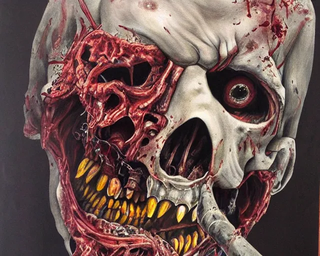 Image similar to Derek Riggs painting of a zombie, hyper detailed, heavy metal,