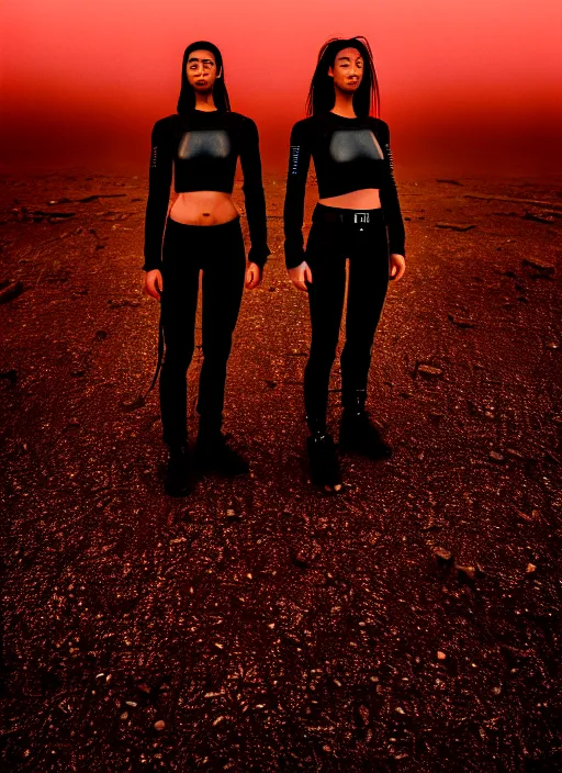 Image similar to cinestill 5 0 d photographic portrait of two loving female androids wearing rugged black techwear on a desolate plain with a red sky, extreme closeup, lizard on ground, cyberpunk style, in front of a brutalist dark metal facility, dust storm, 8 k, hd, high resolution, 3 5 mm, f / 3 2, ultra realistic faces