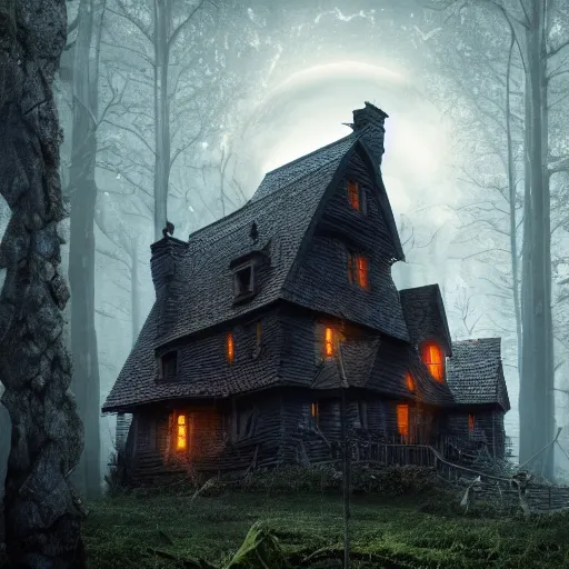 Prompt: the scariest witches house, giant snakes on the roof of the witch house, in the scariest dark forest, epic scene, dark, scary, horror, frightening, fantasy, cinematic, redshift render, cgi, hyper - detailed, photo - bash, 8 k post - production, masterpiece, in the style of greg rutkowski