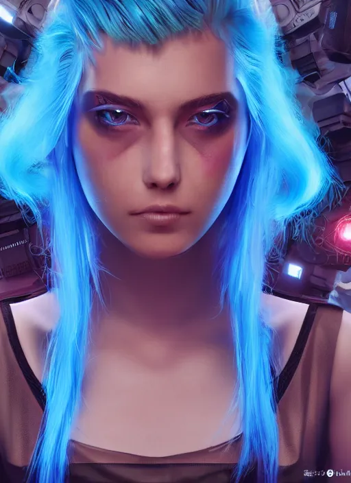 Prompt: beautiful young cyberpunk girl with blue hair, glowing blue eyes, staring menacingly at the cameraau naturel, hyper detailed, digital art, trending in artstation, cinematic lighting, studio quality, smooth render, fluorescent skin, unreal engine 5 rendered, octane rendered, art style by klimt and nixeu and ian sprigger and wlop and krenz cushart