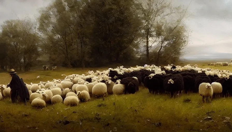 Image similar to simple amish shepherds with flocks of sheep in open fields, art by anders zorn, wonderful masterpiece by greg rutkowski, beautiful cinematic light, american romanticism thomas lawrence, greg rutkowski