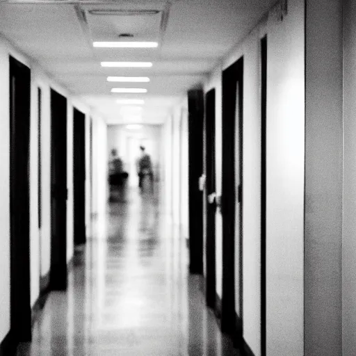 Image similar to liminal space of a hospital, long hallway, exit sign at the end, white walls, white tiles