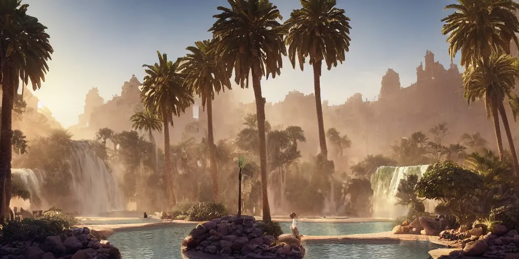 Image similar to beautiful oasis waterfalls surrounded by palm trees, moroccan tile archways, date trees, ivory towers, sun setting, ross tran, nephilim, pyroclastic flow, ethereal, fantasy, james jean, oozium, peter morbacher angelarium alchemy luxury heavenly light soft illumination, trending on artstation, cinematic lighting, digital painting, octane render, artgerm