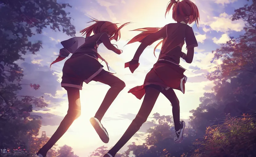 Image similar to anime style, from arknights, a girl is running, red sport clothing, marathon, brown short hair, hair down, symmetrical facial features, hyper realistic, rule of thirds, extreme detail, detailed 4 k drawing, safebooru, realistic lighting, by alphonse mucha, greg rutkowski, sharp focus, backlit