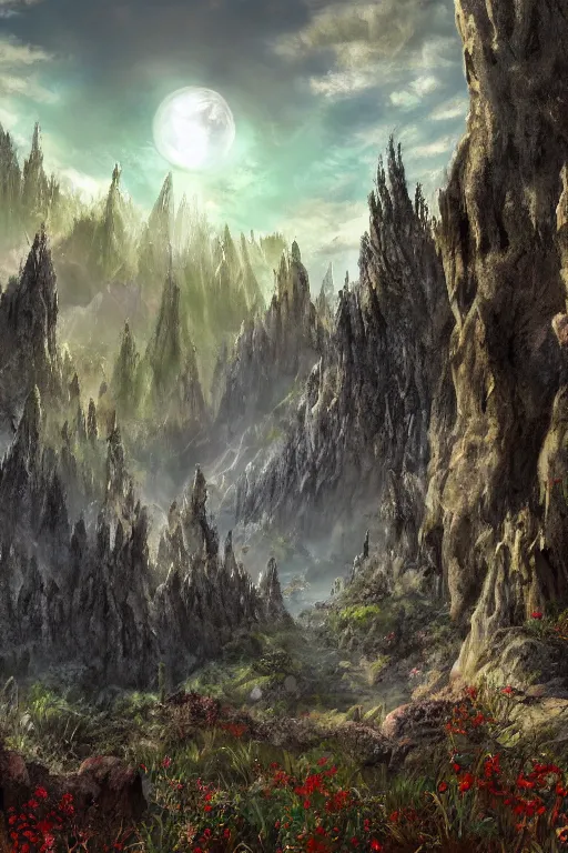 Image similar to Artwork in style of The Elder Scrolls Oblivion of the cinematic view of the Celestial Forest of Buried Enchantments.