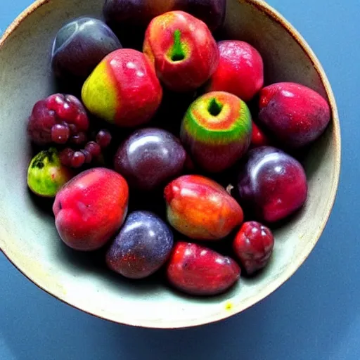 Image similar to a bowl of alien fruit, from another planet, exotic, hyper - realistic, high detail