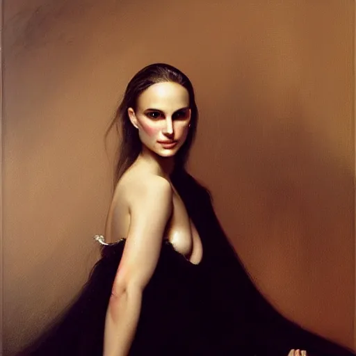 Prompt: portrait en buste young Natalie Portman in poofy dress by Roberto Ferri, realist