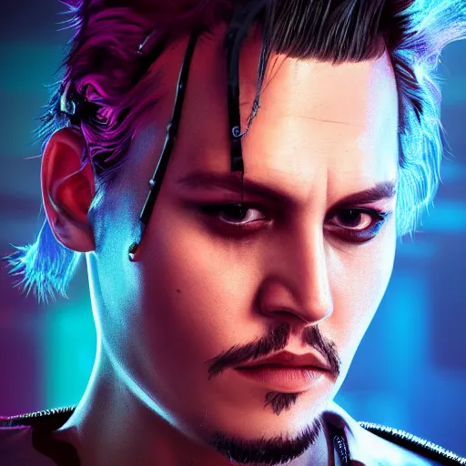 Prompt: young johnny depp portrait, Cyberpunk 2077, photorealistic, ultra detailed, cybernetic head, neon, octane, bokeh, cyber, cyber style, feature, scars, cyberface, 8k