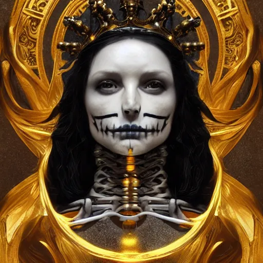 Image similar to portrait of Hecate as a marble statue skeleton, skeleton Hecate, greek mythology, gold crown and filaments, intricate, headshot, highly detailed, digital painting, artstation, concept art, sharp focus, cinematic lighting, illustration, art by artgerm and greg rutkowski, alphonse mucha, Caravaggio, chiaroscuro, cgsociety