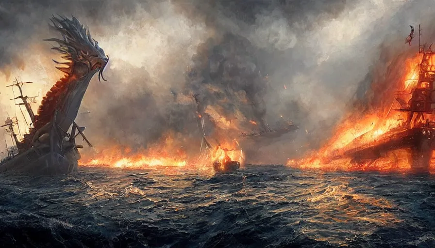 Image similar to dragon attacking a single navy sailing ship, old sailing warship attacked by fire breathing dragon as the sailing ship pulls into port by greg rutkowski