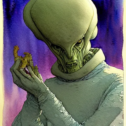 Image similar to a simple and atmospheric watercolour portrait of a pulp sci - fi alien teacher, very muted colors, by rebecca guay, michael kaluta, charles vess and jean moebius giraud